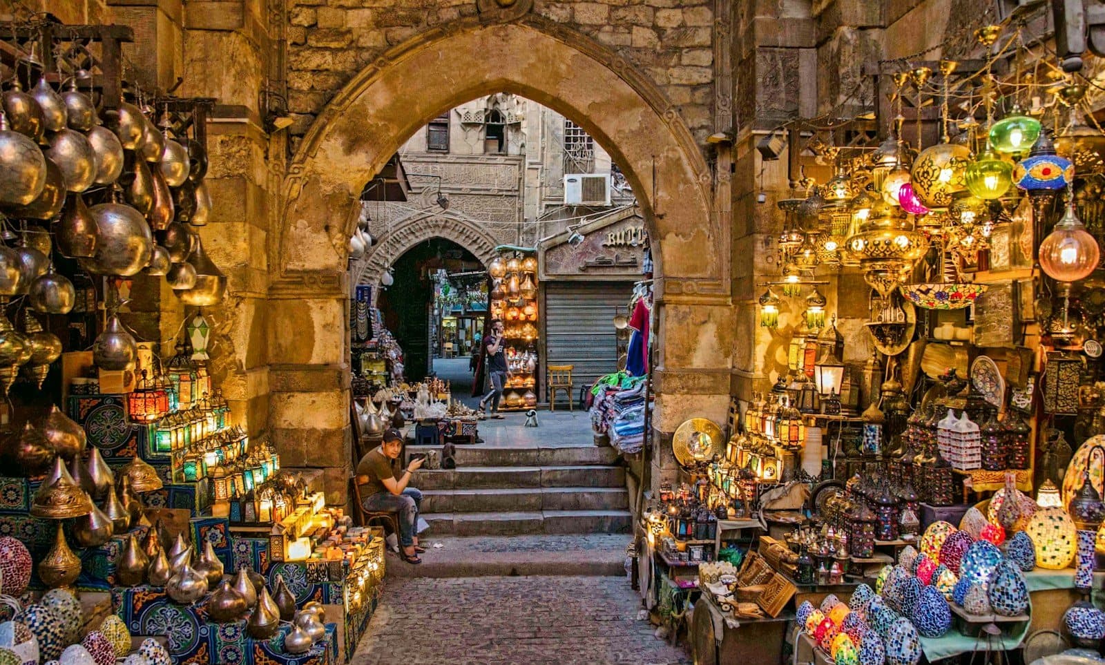 Lantern-lit alley of Khan El-Khalili bazaar in Cairo