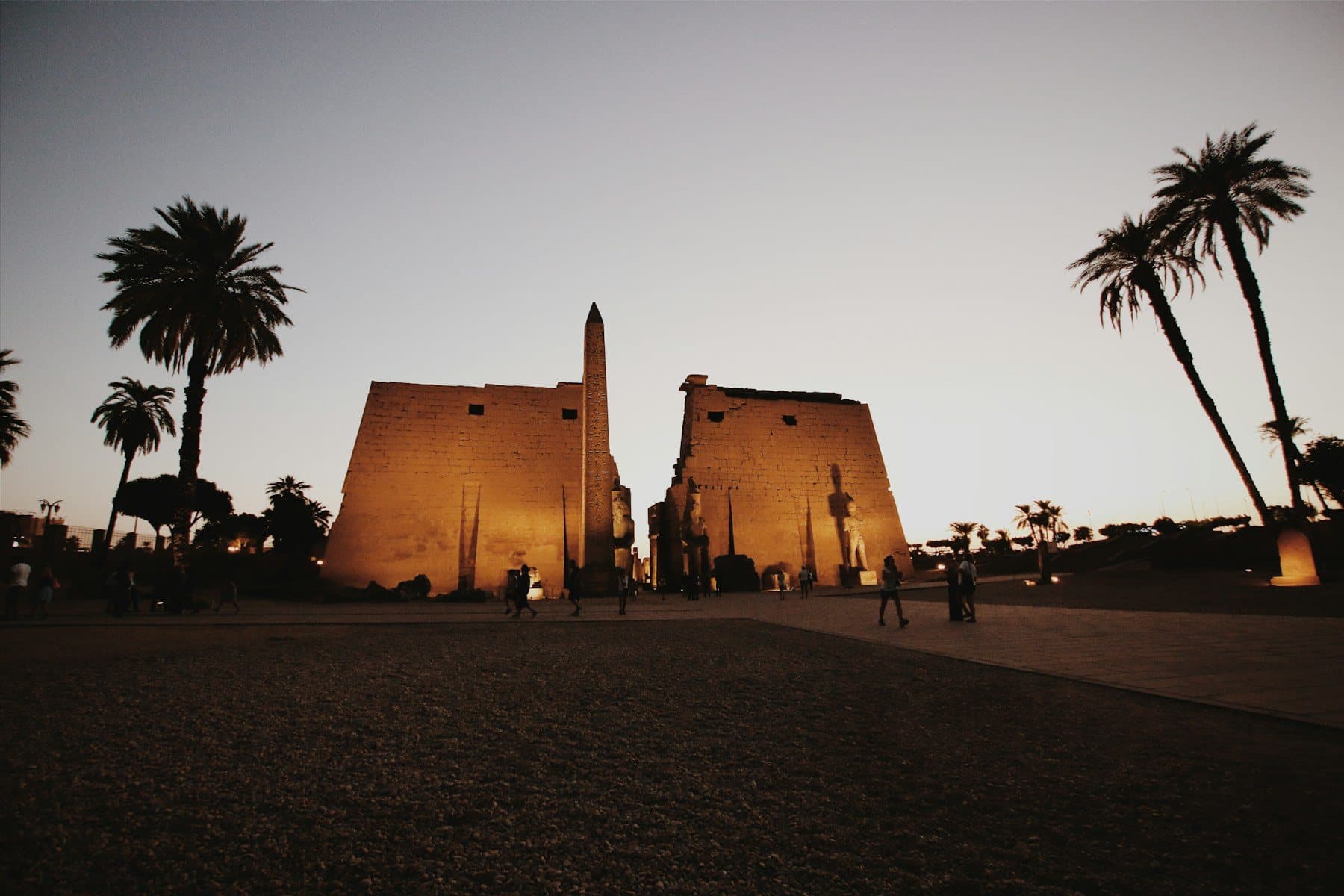 Luxor Temple illuminated at dusk framed by palm trees