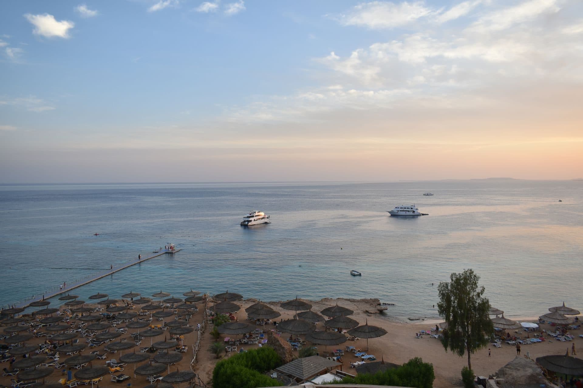 The beach and bay of Sharm El Sheikh at sunset