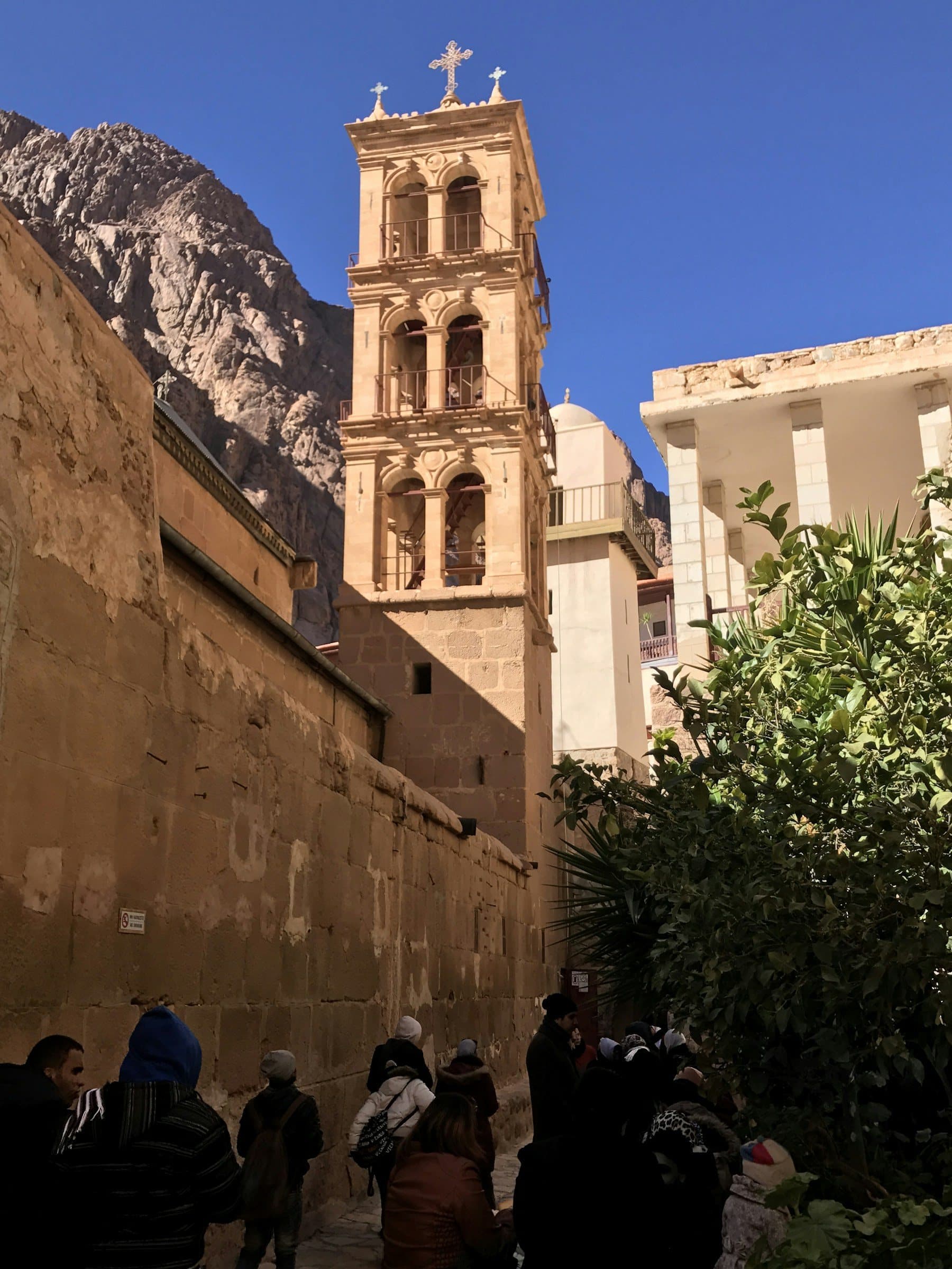 The bell tower of St. Catherine's Monastery beneath the mountains of Sinai